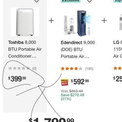 Toshiba 8,000 BTU Portable Air Conditioner Cools 350 Sq. Ft. with Dehumidifier and Remote Control - White - RETAIL $400 NEW CONDITION - USE FOR 3 MTHS