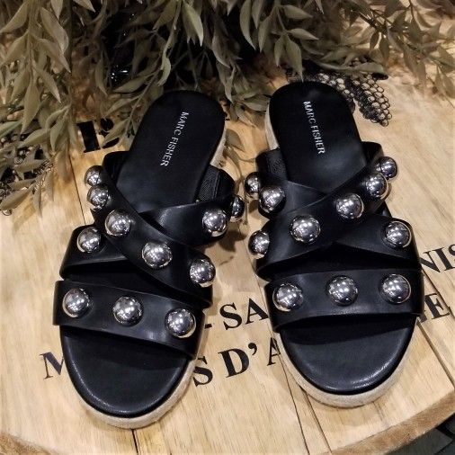 Marc Fisher Black Silver Studded Sandals Sz 7.5