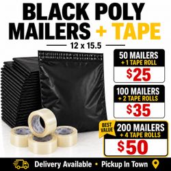 BLACK POLY MAILERS SHIPPING BAGS 12X15.5 + PACKING TAPE