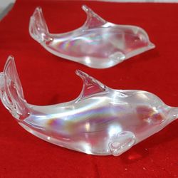 Two Iridescent Dolphins Art Glass Paperweights & Fish Paperweights / Office Gifts / Home Office Decor / Beach House Decor .