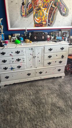 White Dresser with Paint Splatter Detail