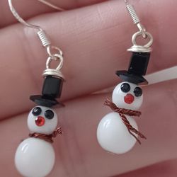 Rare VTG.Milk Glass Sterling Silver " SNOWMAN" crystals Earrings