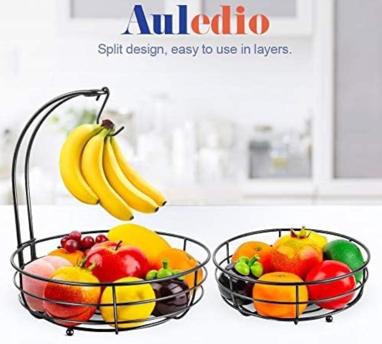 Auledio Iron 2-Tier Countertop Fruit Vegetables Basket Bowl Storage With Banana Hanger, Black, 64 ounces  Brand new in box yours for $20.00