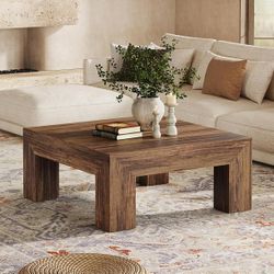 39.4-Inch Square Coffee Table for Living Room, Farmhouse All MDF Accent Center Cocktail Table with Sturdy Wooden Legs, Easy Assembly, Rustic Brown