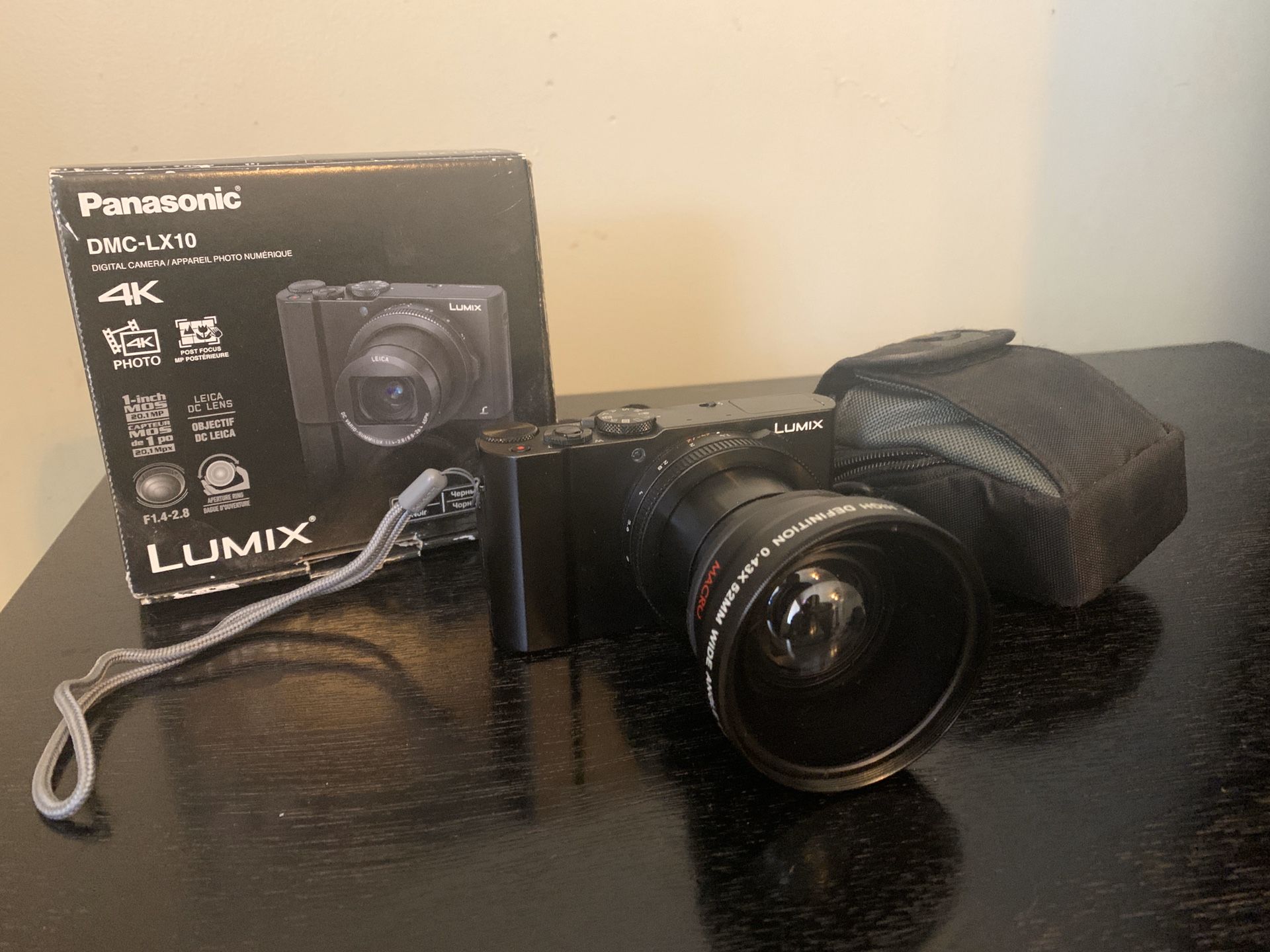 LUMIX LX10 with wide angle lens and carrying case