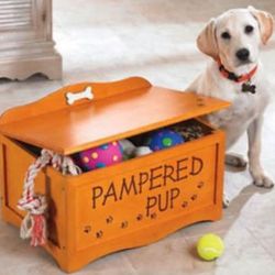 20"W x 13.5"D x 10.5"T "Pampered Pup" Wooden Toy Accessories Puppy Lifted Lidded Storage Box
