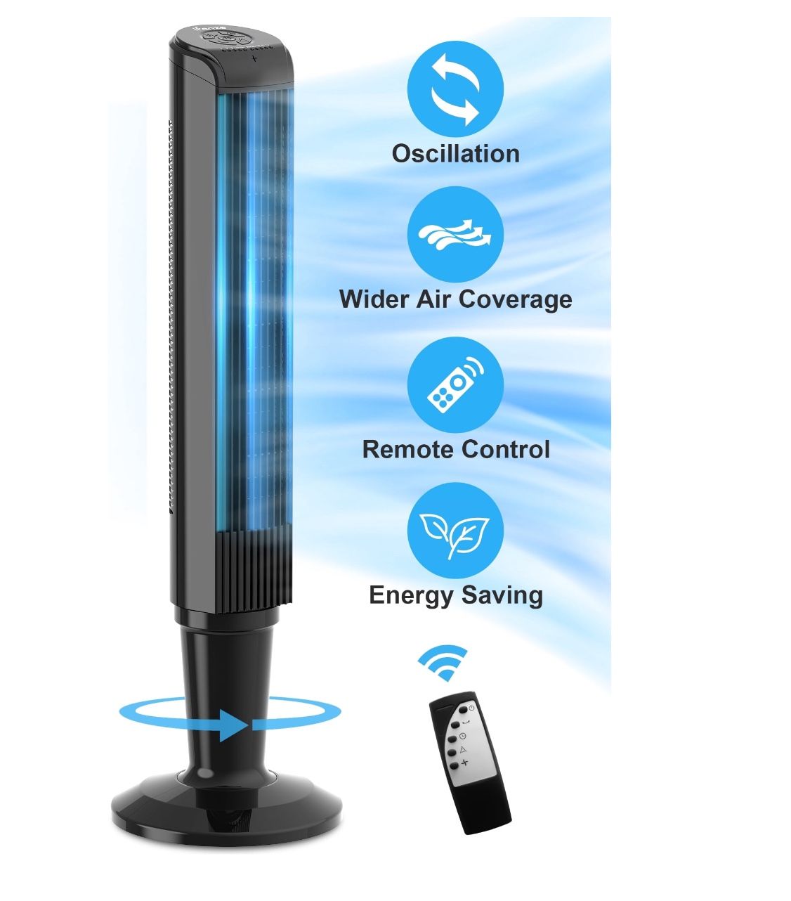 iFanze 36" Tower Fan for Bedroom, Portable Space-Saving 60° Oscillating Cooling Fan with Remote, 3 Speeds, 3 Modes Quiet Bladeless Fan for Room, Kitch
