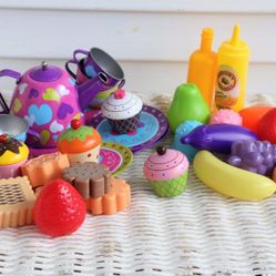 Little Girls Tin Tea Set with Food & Desserts -Wooden Mini Cupcakes, Plastic Fruits & Veggies, Heavier Plastic Cookies, Cups, Saucers, Tea Pot & Tray