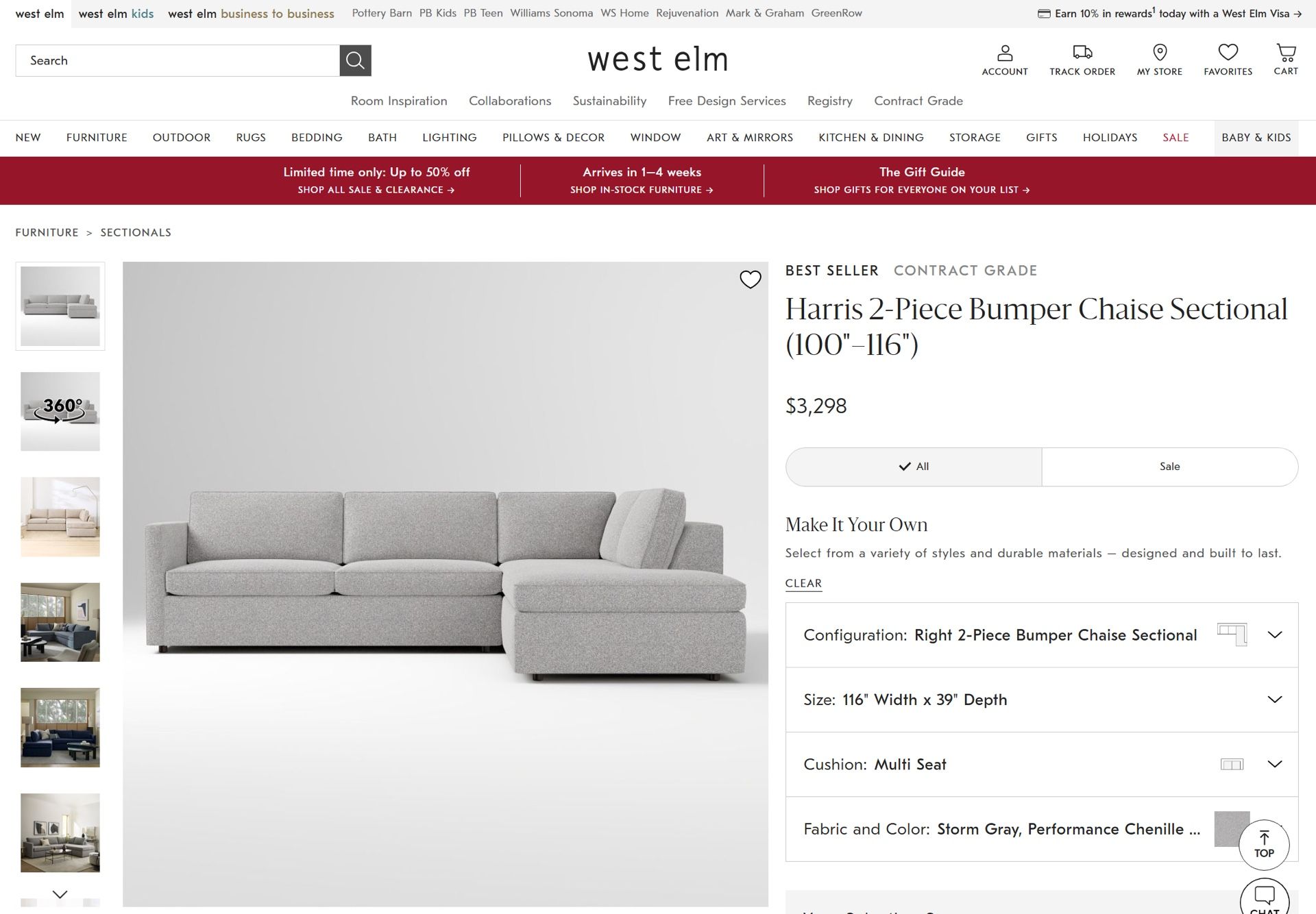 West Elm Harris 2-Piece Bumper Chaise Sectional – Great Condition