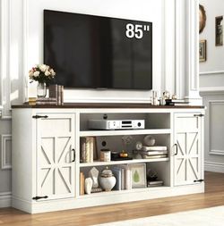 75" Farmhouse TV Stand with Power Outlets for 85 Inch TVs, 33" Tall Entertainment Center with Storage Cabinets w/Adjustable Shelves, Rustic Large TV M