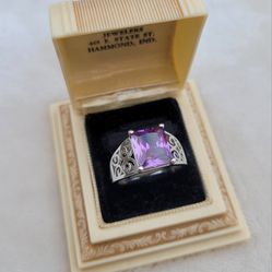 Vtg Purple Rhinestone Silver Tone Filigree Cocktail Ring Sz 8.5