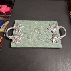 Vintage 1960's Green Marble Rectangular Cheese Tray With Ornate Pewter Leaf Motif Handles 8" x 12"