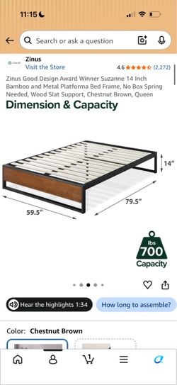 Zinus Suzanne 14-Inch Bamboo Metal Platform Bed Frame Queen