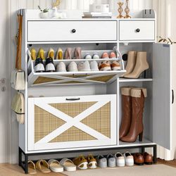 SSC003-WE-HI-PO-OY
Shoe Cabinet Rattan Woven with High Boot Storage, Large Capacity Modern Entryway Organizer with 2-Tier Tilt-Out Racks & Drawers
