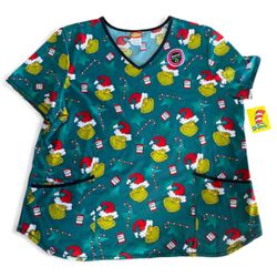 DR. SEUSS CHRISTMAS 🎄"GET YOUR GRINCH ON" GREEN VNECK SCRUB TOP WITH POCKETS 