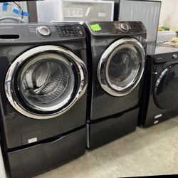 SAMSUNG FRONT LOAD WASHER DRYER SET WITH PEDESTALS