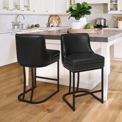 N63 $80  Aurora 26 in. Black Faux Leather Upholstered Counter Height Bar Stool with Double Cushion Counter Stool Set of 2