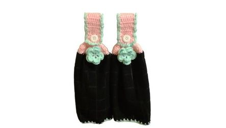 Oven Door Towels-Kitchen Towel Set-Spring Flower-Light Pink and Light Green Crochet Top With White Buttons Kitchen Towels Set of 2