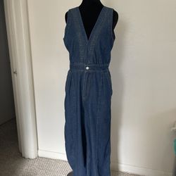 Sleeveless V-Neck Wide Leg Denim Jumpsuit - Size Small