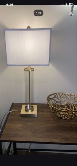 Elegant Table Lamp with the Clear Glass Cylinder Base, Matte Gold Accent and New White Linen Square or Round Shade H27”