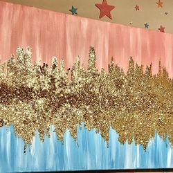 Pink Blue and Gold Glitter and Stone Wall Art