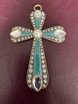 Vintage Cross - Rhinestone, Pearl, and Enamel on Brass