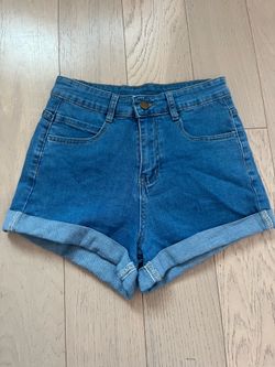 High Waisted Denim Shorts Cuffed Hem Medium Wash Blue Jean Shorts - Size S