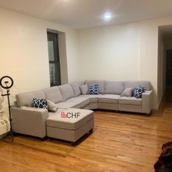 124"W Light Gray Linen 7Pc Modular L-Shape Sectional Sofa with Ottoman // Limited Time Offer 