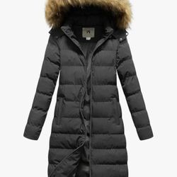 CREATMO US Women's Long Winter Faux Fur Coat Puffer Warm Jacket with Detachable Hood