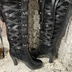 New Black high Heel Boots With Ribbon Ties And lace Accent Size 41 USA 9