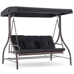 3-Seat Outdoor Patio Swing Chair, Adjustable Backrest and Canopy, Porch Swing Glider Chair, w/Cushions and Pillows, 4068 (Grey)