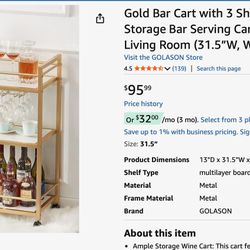 Gold bar cart with 3 shelves 