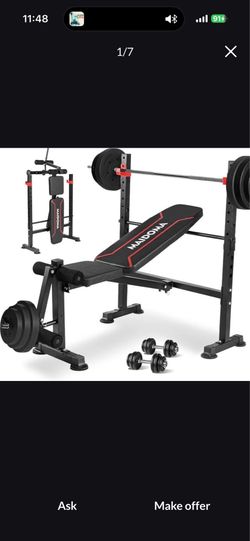 Bench press w Olympic barbell and (2) 35 lb bumper plates