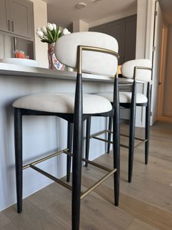 2 Restoration Hardware  White Leather and Dark oak  Barstools