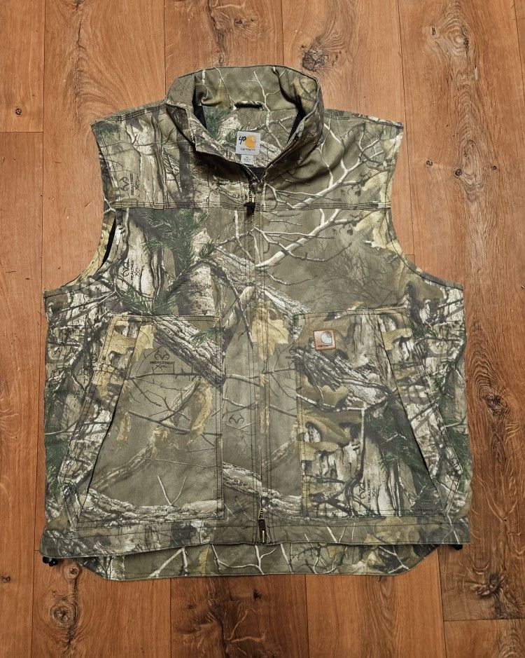 Vintage Carhartt Hunting Realtree Camo Duck Canvas Vest Mens XL Thinsulated Full Zip