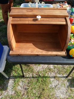 vintage wooden roll-top bread box