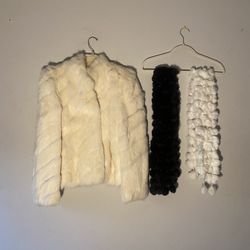 Chosen Furs Ladies Natural Rabbit Fur Cost Off White Jacket Sz Small, 2 Rabbit Fur Scarfs