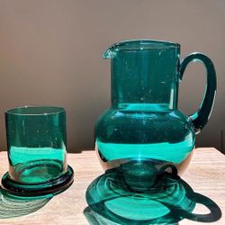 Vintage Hand Blown Glass Green Teal Pitcher&Cup