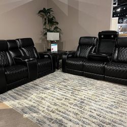 2PC Black Premium Leather Sofa & Loveseat 