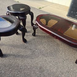 Vintage Cherry Wood Coffee Table Set – Coffee Table + 2 End Tables (Glass Inset Tops)