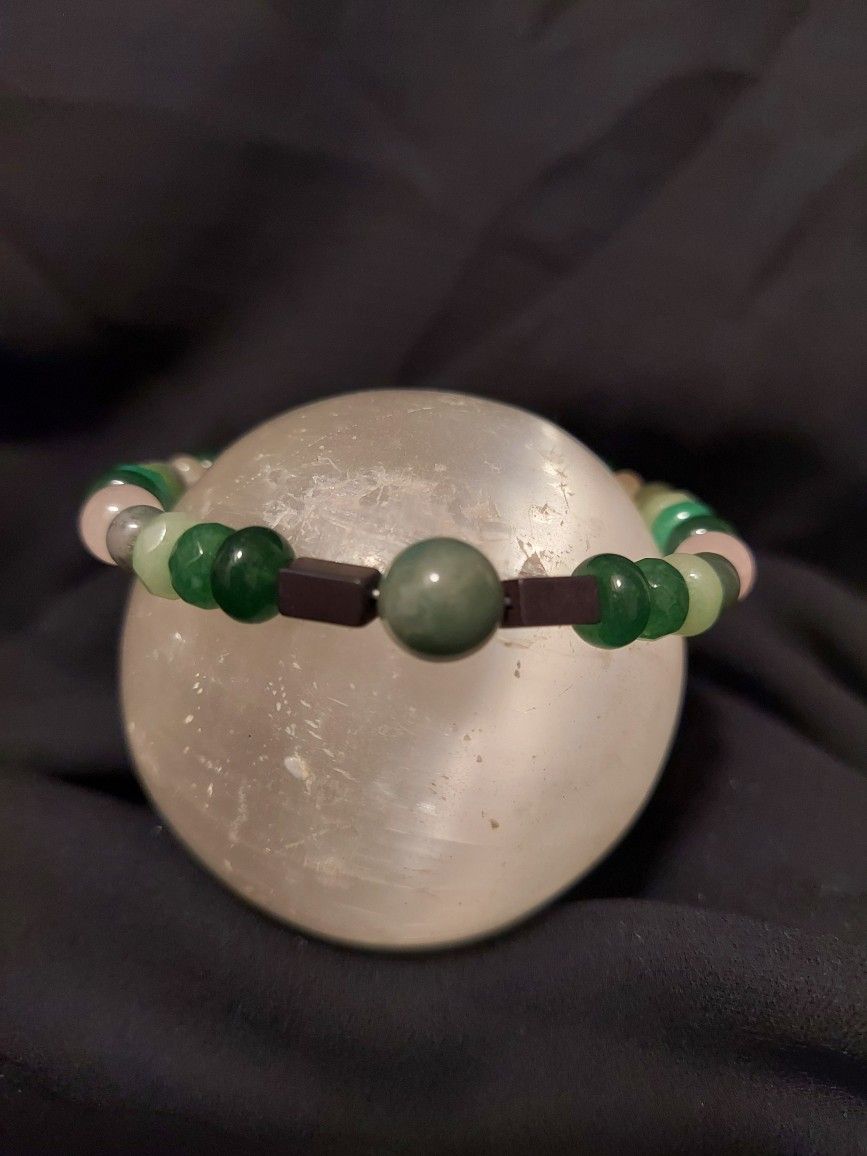 Emerald, Indian Agate, Rose Quartz Crystal Bracelet