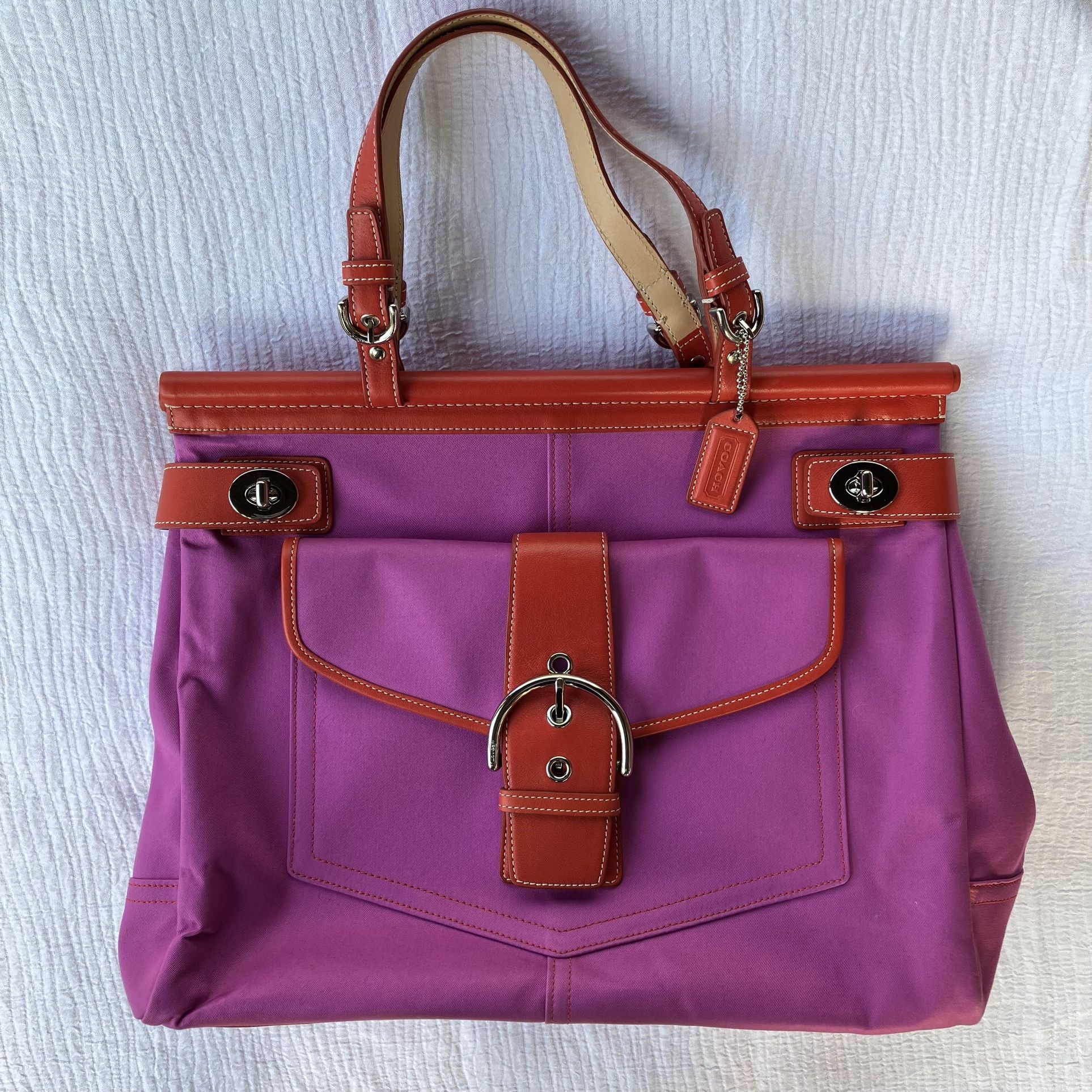 Coach Leather Trim Canvas Turnlock Tote Bag