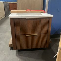 24” Brown Solid Wood Floating Bathroom Vanity with Marble Top (V65)