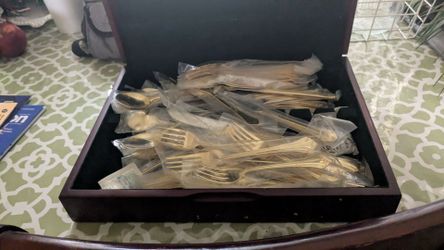 Gold-Tone Flatware Set in Wood Storage Box
