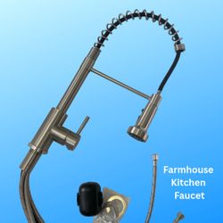Farmhouse Kitchen Faucet with Pull-Down Sprayer, Spring Stainless Steel, Brushed Nickel, Single Handle