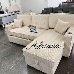 Beautiful 2-Pc Corduroy Sectional Sofa With Pullout Bed, Storage, And USB Port 