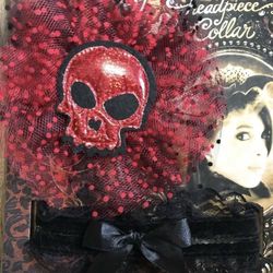 Red Skull Polka Dot TULLE COSTUME KIT Headpiece & Choker steampunk rockabilly