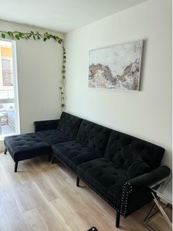 Velvet Tufted Sectional Sofa & Loveseat Set w/ Studs + Glass Coffee Tables - Bundle or individual