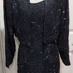 Vintage Night Vogue Two Piece Sequined Beaded Cocktail Dress With Shoulder Padded Jacket size Medium 