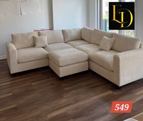 Beige Corduroy U-Shaped Sectional Sofa with Ottoman